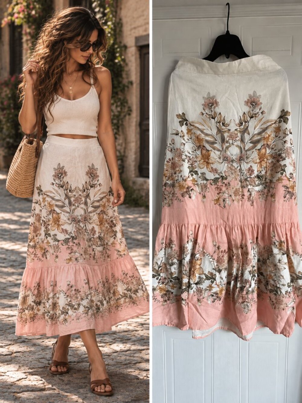 House of Harlow Ivory Blush Floral Linen Blend Tiered Ruffle Midi Skirt Boho S